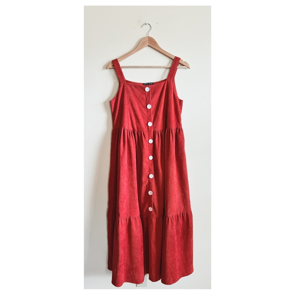 Orange Corduroy Faux Button Down Pinafore Jumper Dress